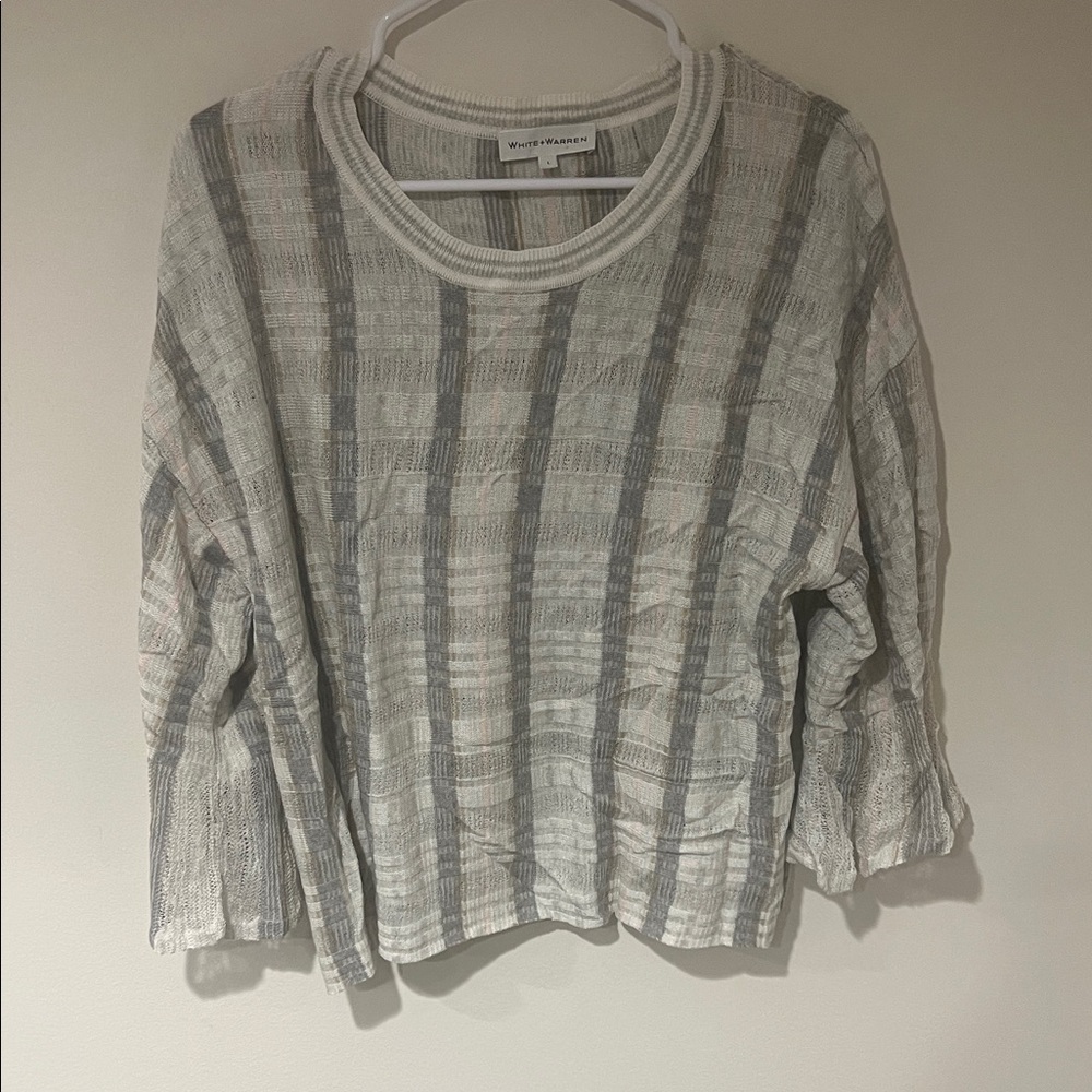 White + Warren Cream and Gray Checkered Blouse